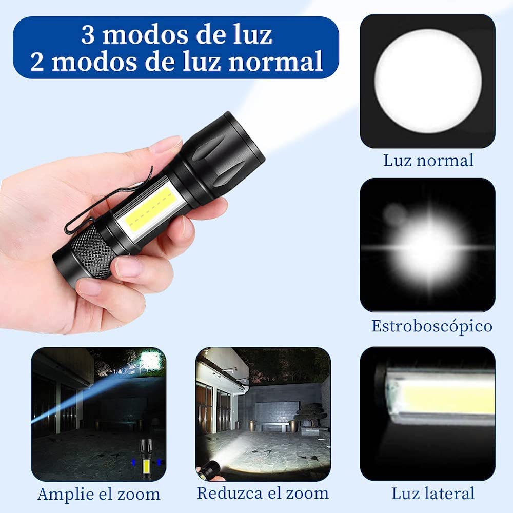 Lampara Táctica Recargable Usb Led 2000l Luz Lateral + Clip Moreka MB-513 - Imagen 2