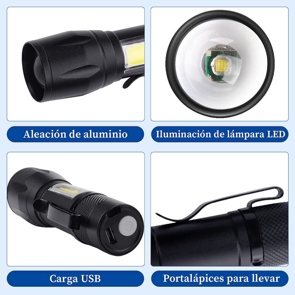 Lampara Táctica Recargable Usb Led 2000l Luz Lateral + Clip Moreka MB-513 - Imagen 4