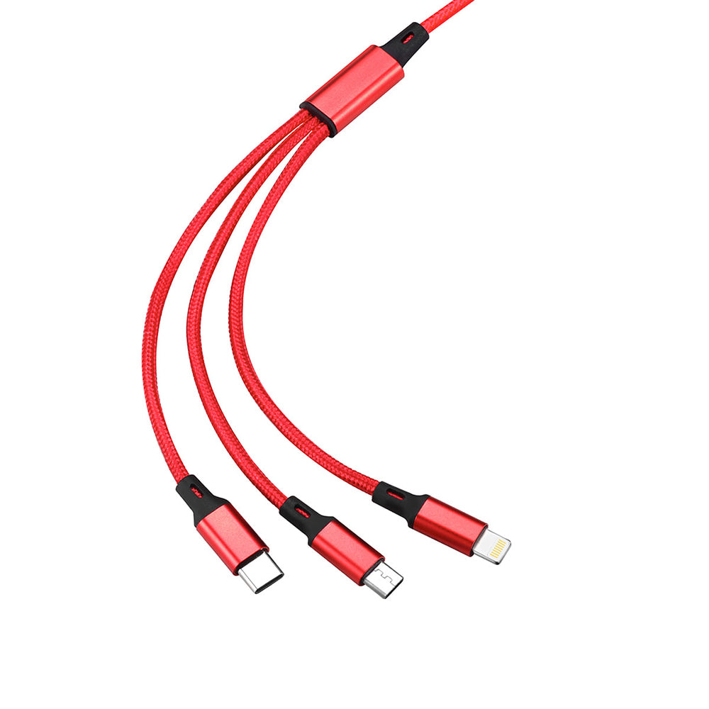 Cable 3 en 1 Moreka CB-25, 3.1 A y Datos, 1.2 M, Lightning, Tipo C, V8 - Imagen 1