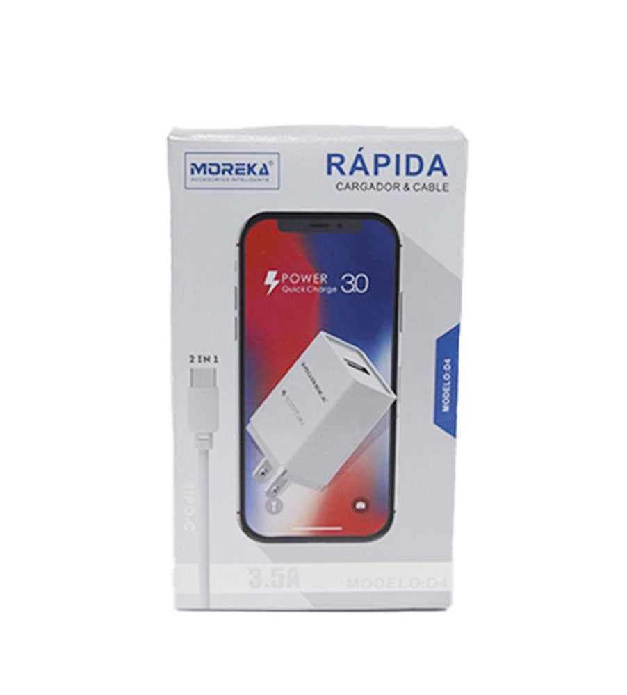 Cargador Moreka D-4, 3.5 A, 1 Usb, 2 piezas, Cable Tipo C - Imagen 3