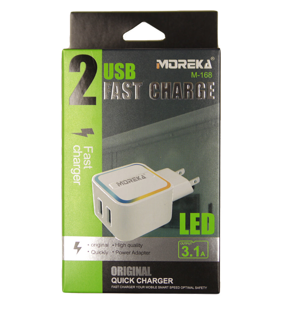 Cargador Moreka M-168, 3.1 A, 2 Usb V8, Solo Cubo, Led - Imagen 1