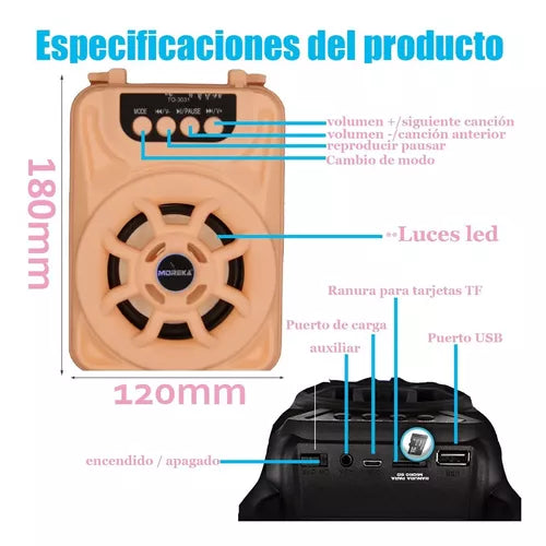 Bocina MOREKA TO-3031, LED, USB, Micro SD, Aux. - Imagen 6