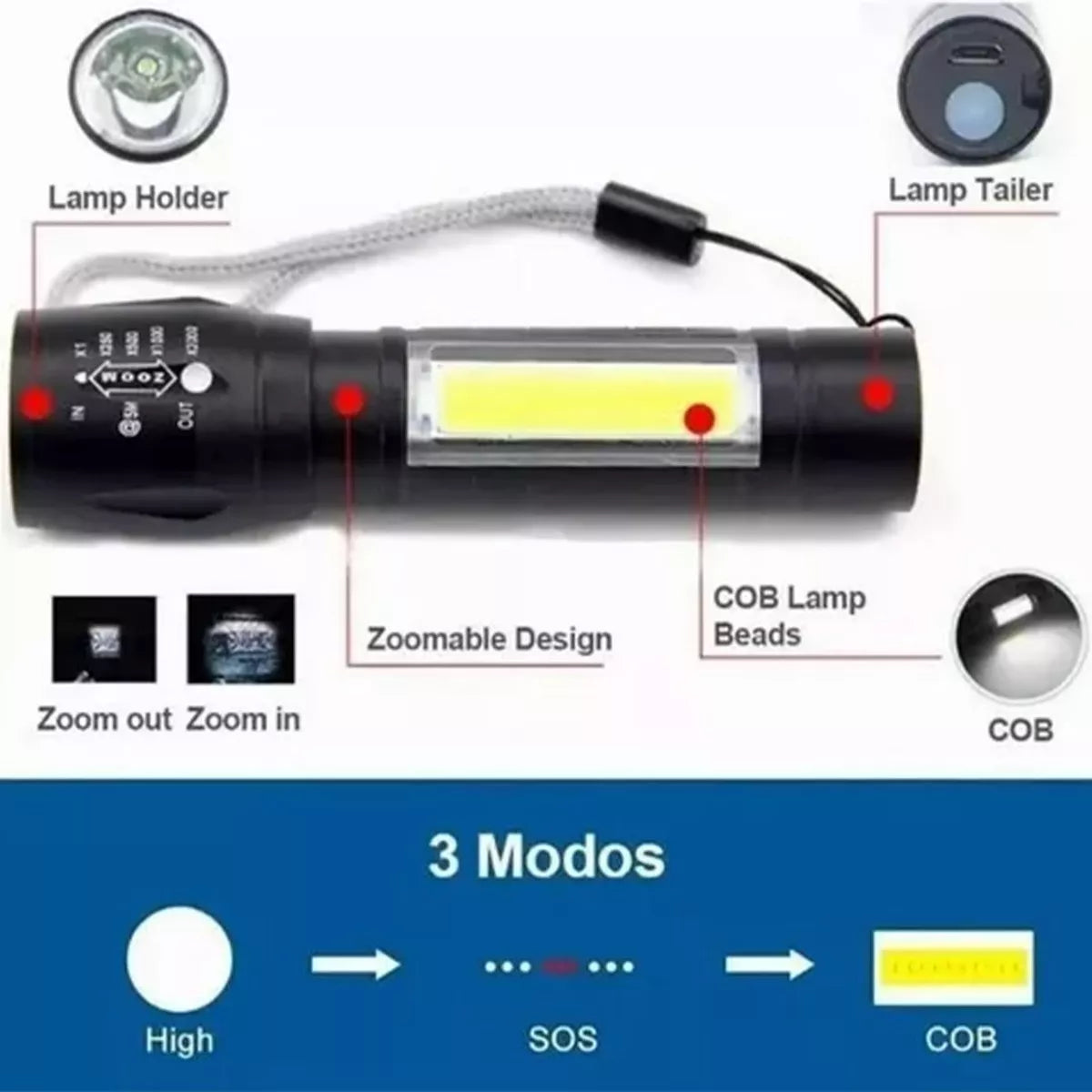 Linterna Moreka SQ-F101, Larga Duración, Metálica, Recargable - Imagen 2
