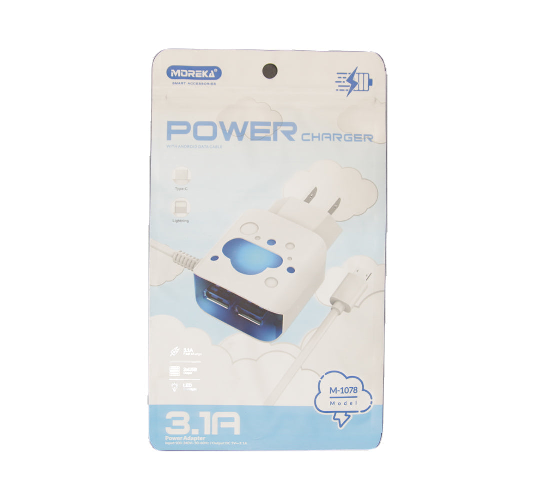 Cargador Moreka M-1078, Cubo 3.1 A, 2 Usb Cable Tipo C, Led - Imagen 1