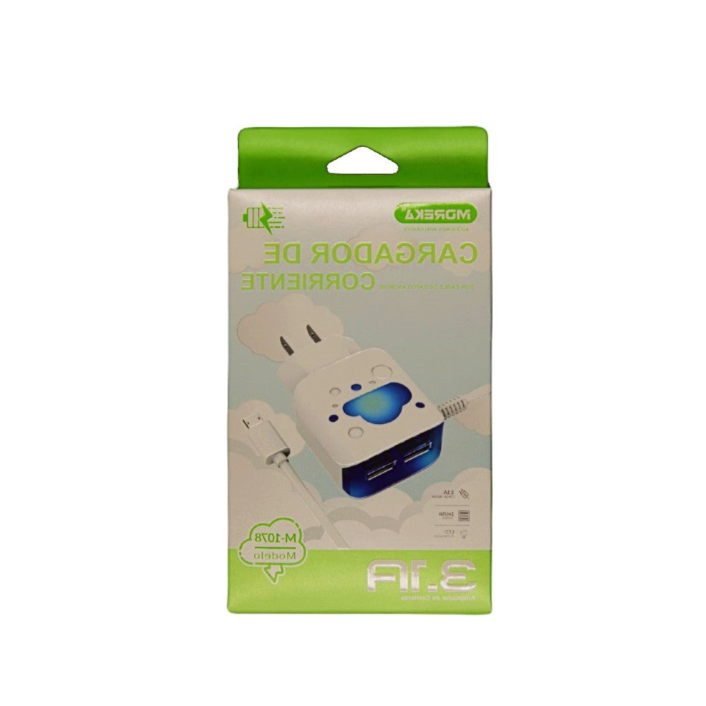 Cargador Moreka M-1078, Cubo 3.1 A, 2 Usb Cable Tipo C, Led - Imagen 2