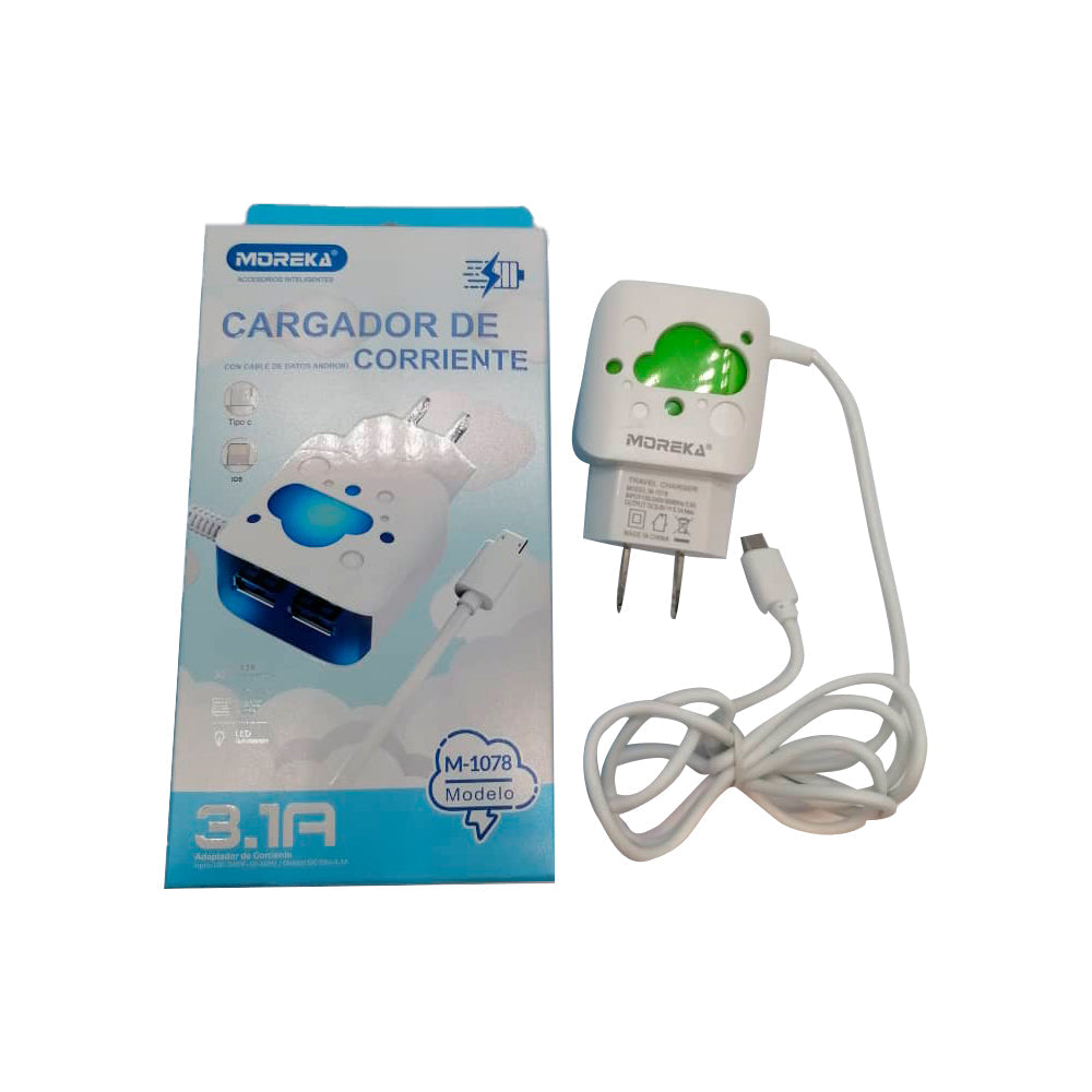 Cargador Moreka M-1078, Cubo 3.1 A, 2 Usb Cable Tipo C, Led - Imagen 4