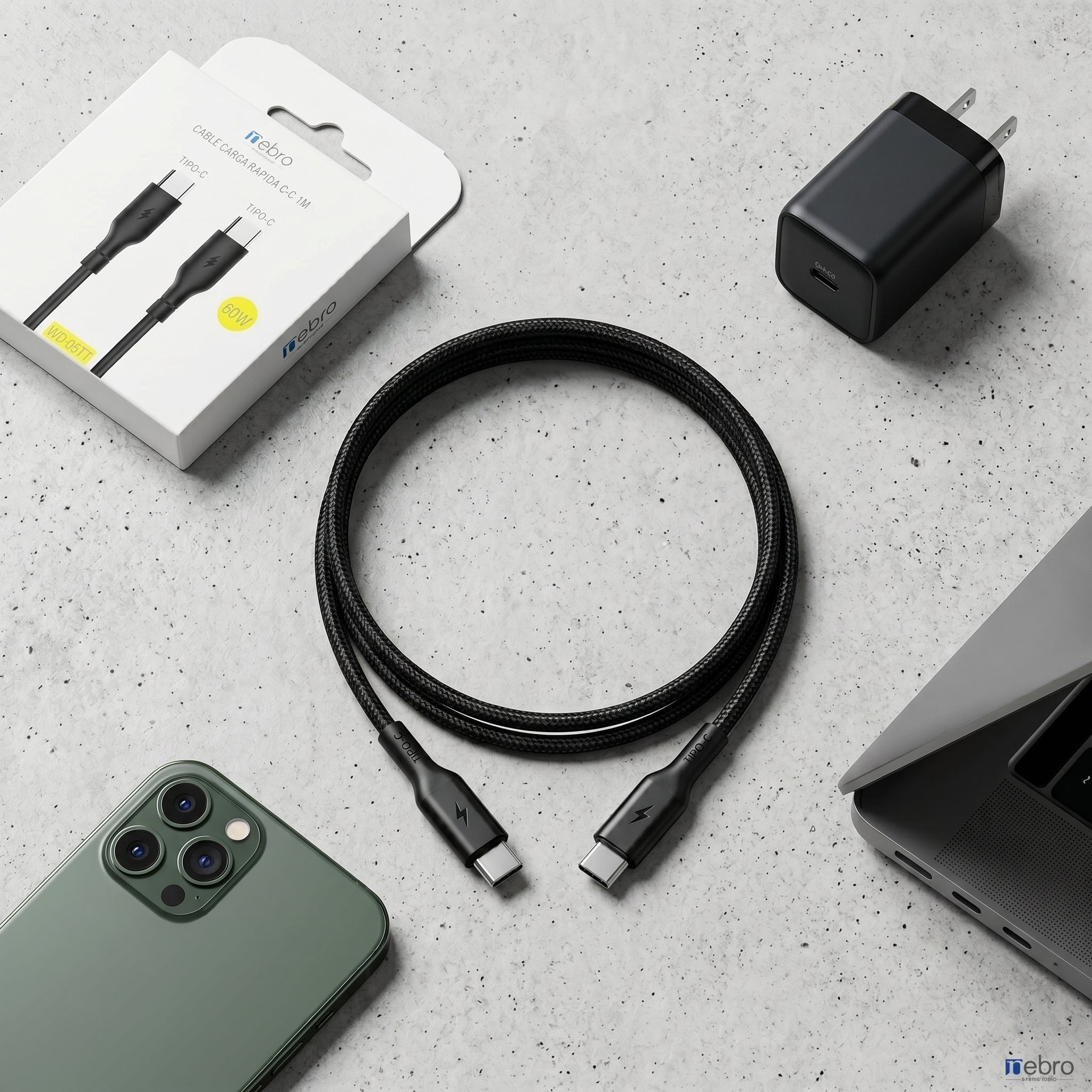 Cable USB-C a USB-C Nebro WD-05TT 1 Metro Carga Rápida 60W 5A - Imagen 2
