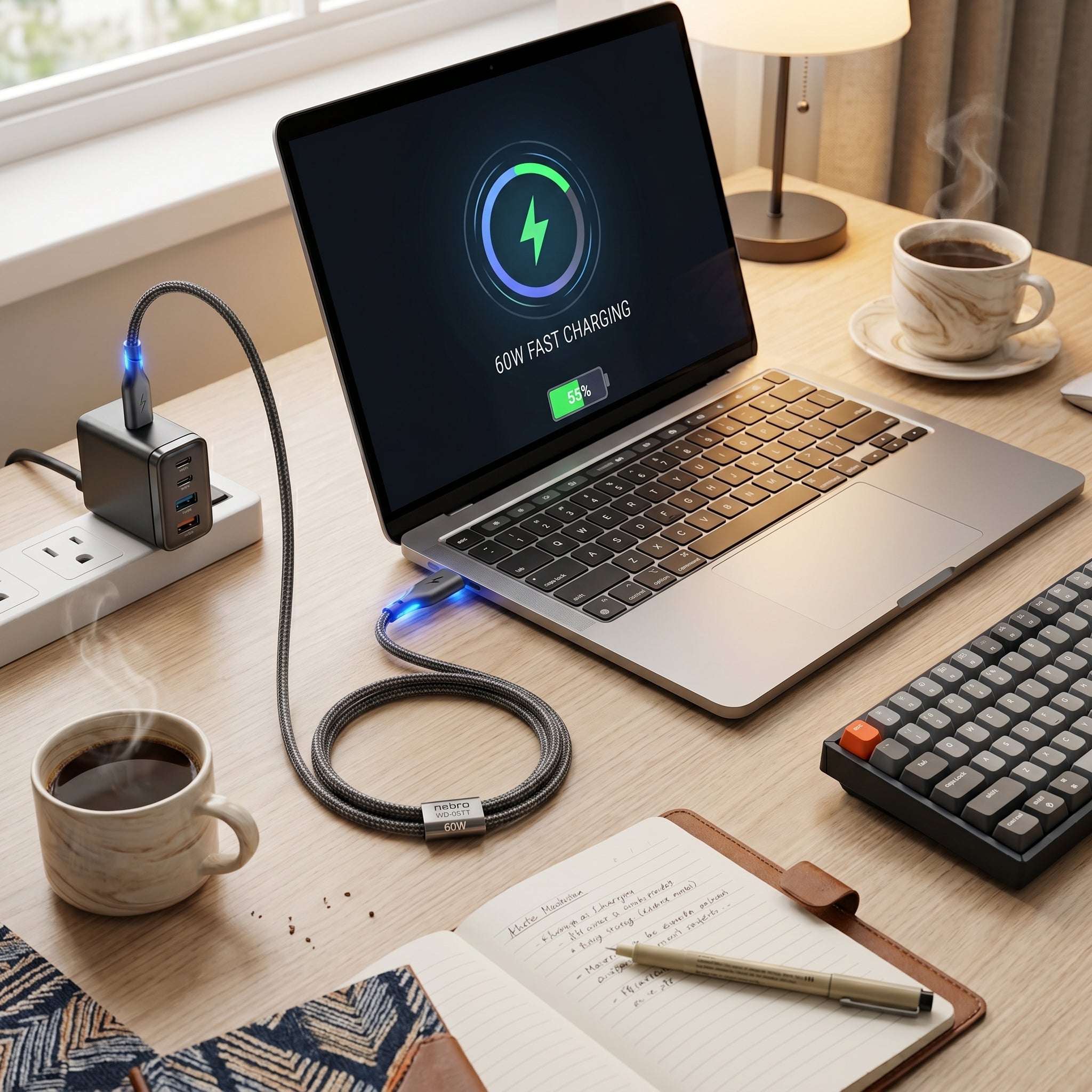 Cable USB-C a USB-C Nebro WD-05TT 1 Metro Carga Rápida 60W 5A - Imagen 3