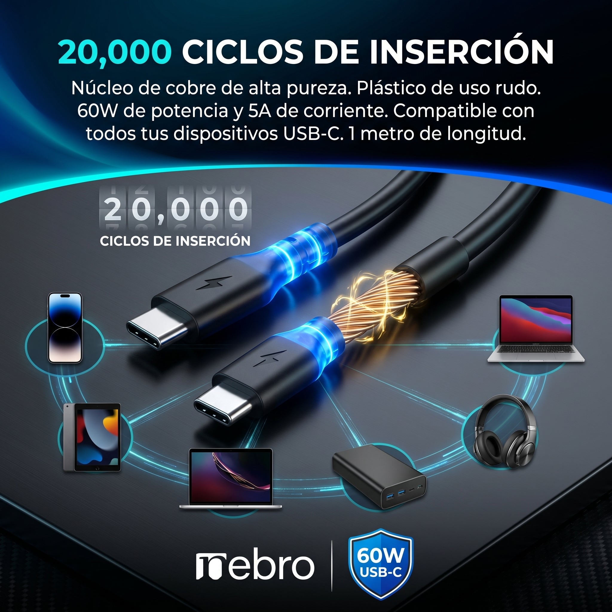 Cable USB-C a USB-C Nebro WD-05TT 1 Metro Carga Rápida 60W 5A - Imagen 4