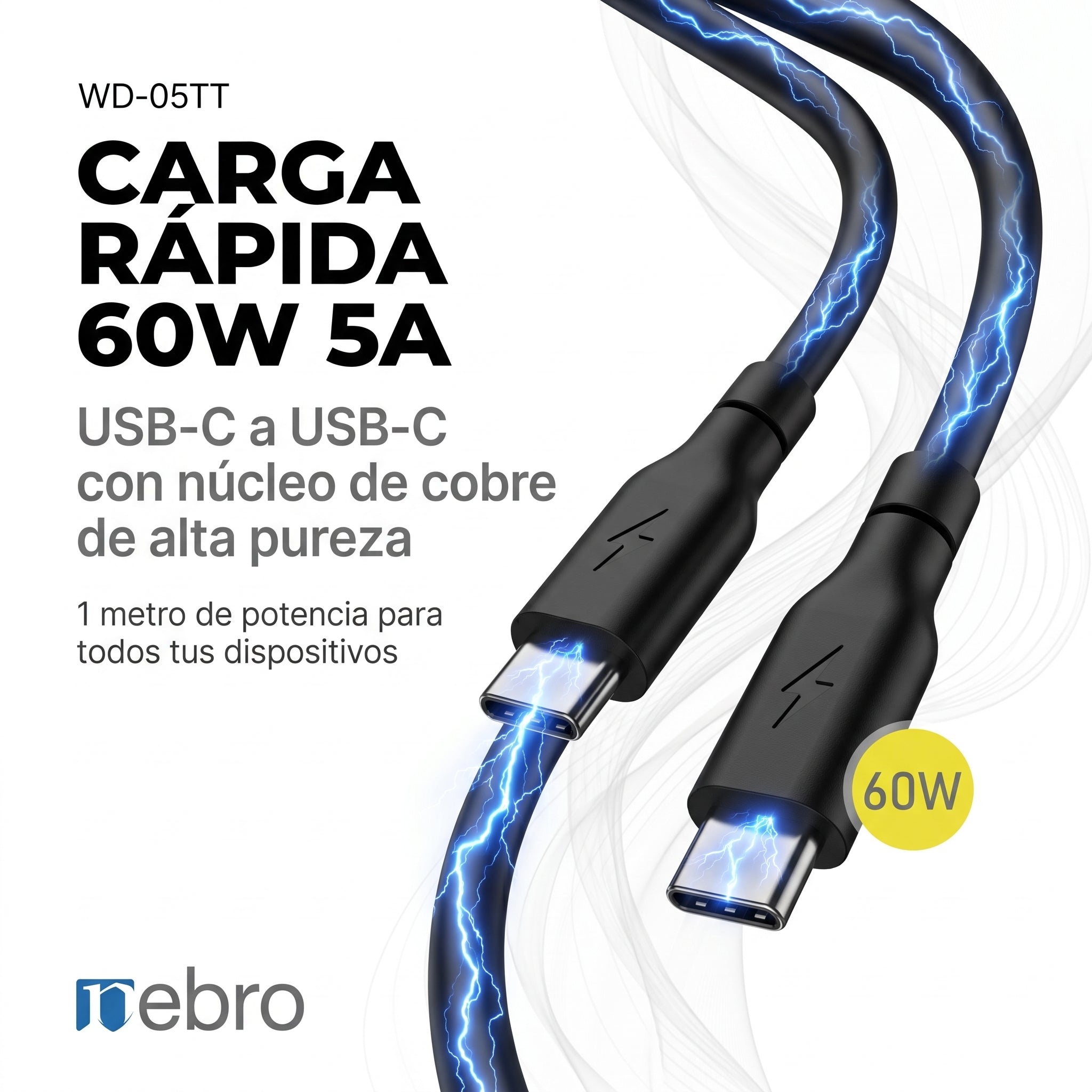 Cable USB-C a USB-C Nebro WD-05TT 1 Metro Carga Rápida 60W 5A - Imagen 5