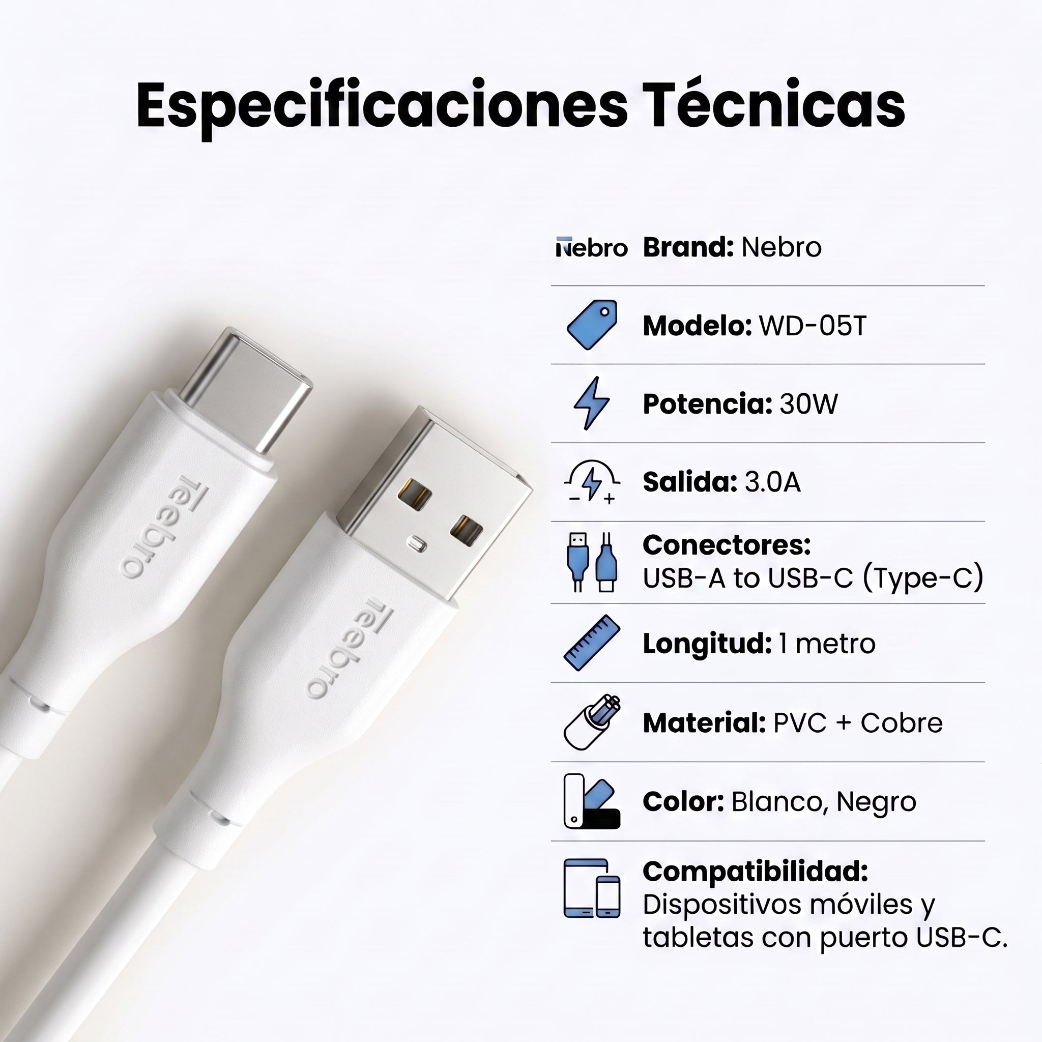 Cable USB-A a USB-C Nebro WD-05T: Carga 30W - Imagen 2