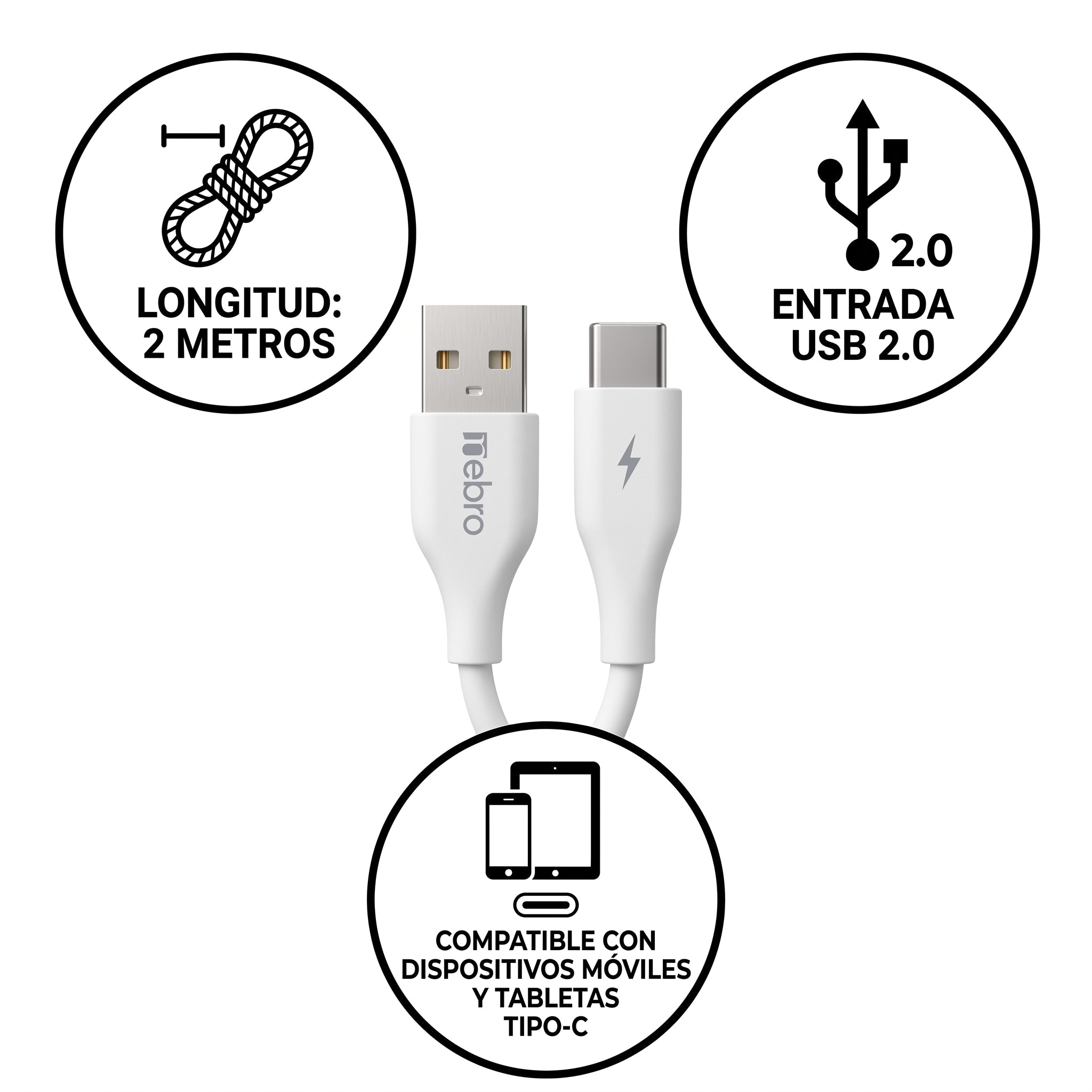 Cable Tipo-C Carga Rápida 3.0A Nebro WD-25T - 2 Metros - Imagen 2