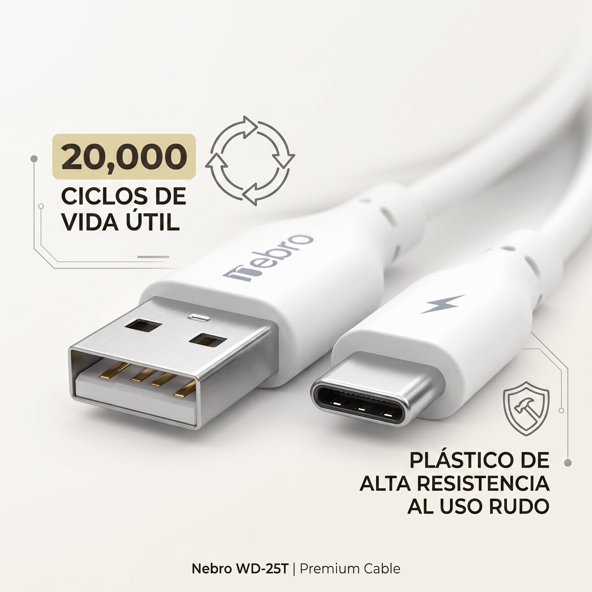 Cable Tipo-C Carga Rápida 3.0A Nebro WD-25T - 2 Metros - Imagen 4