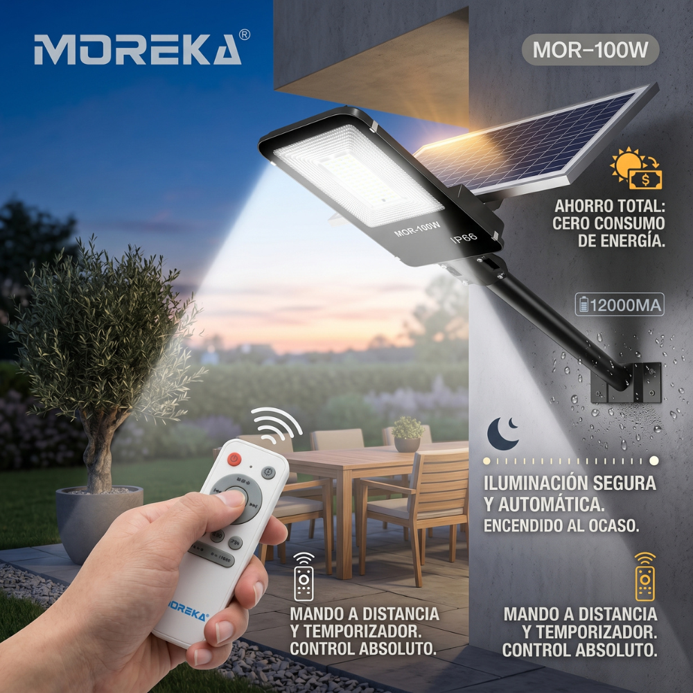 Luz de Calle Solar Moreka MOR 100W Cero Consumo con Control Remoto y Temporizador IP66 para Exteriores - Imagen 4