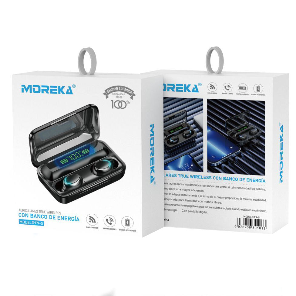 Audífonos Bluetooth 5.0, Moreka F9 5, TWS, Power Bank básico - Imagen 2