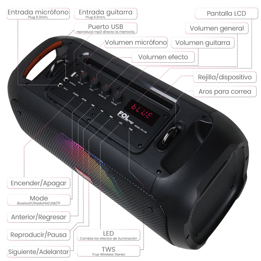 Bocina Bluetooth 50W 2000mAh entrada para Guitarra c/ Micrófono FOL FS-L128 - Imagen 4