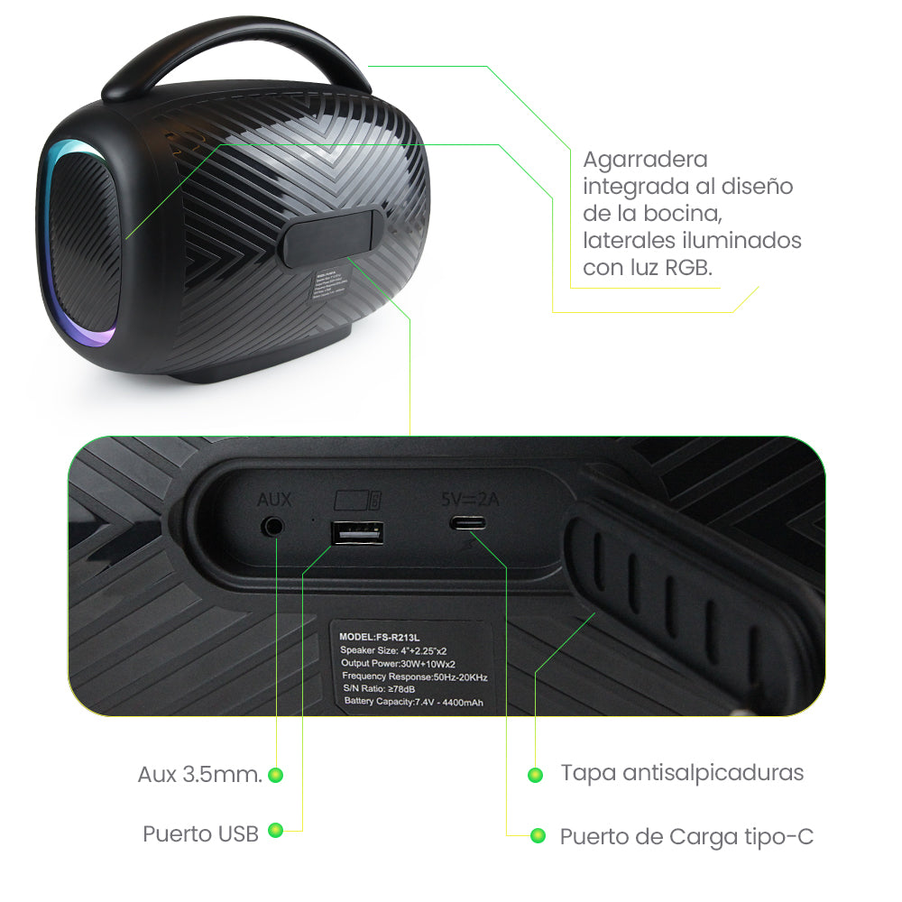 Bocina Bluetooth 50W 4400mAh TWS FOL FS-R213L - Imagen 6