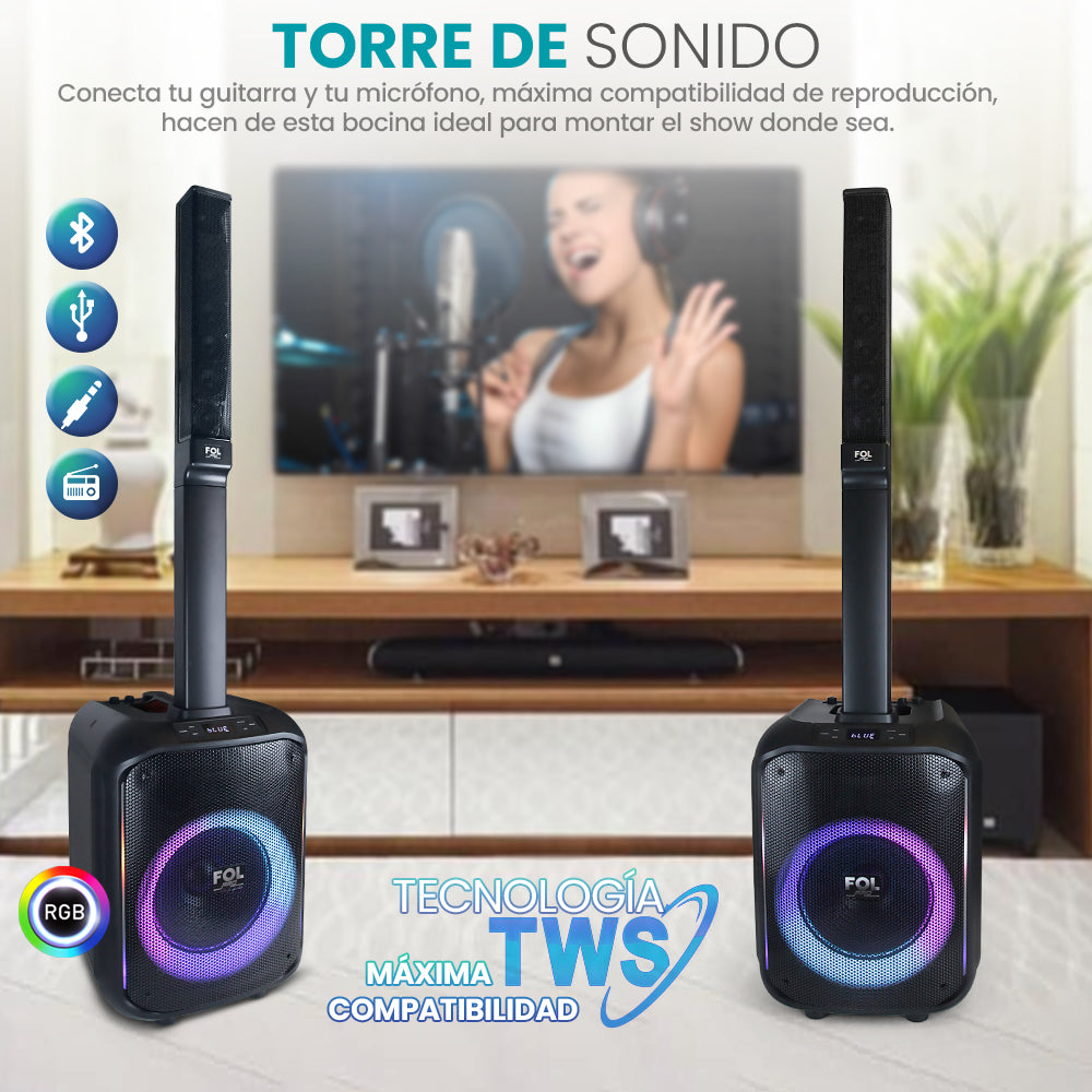 Torre de Sonido 100W Subwoofer 10? + 4 bocinas de 2.25?con Micrófono Recargable FOL FS-T868 - Imagen 6