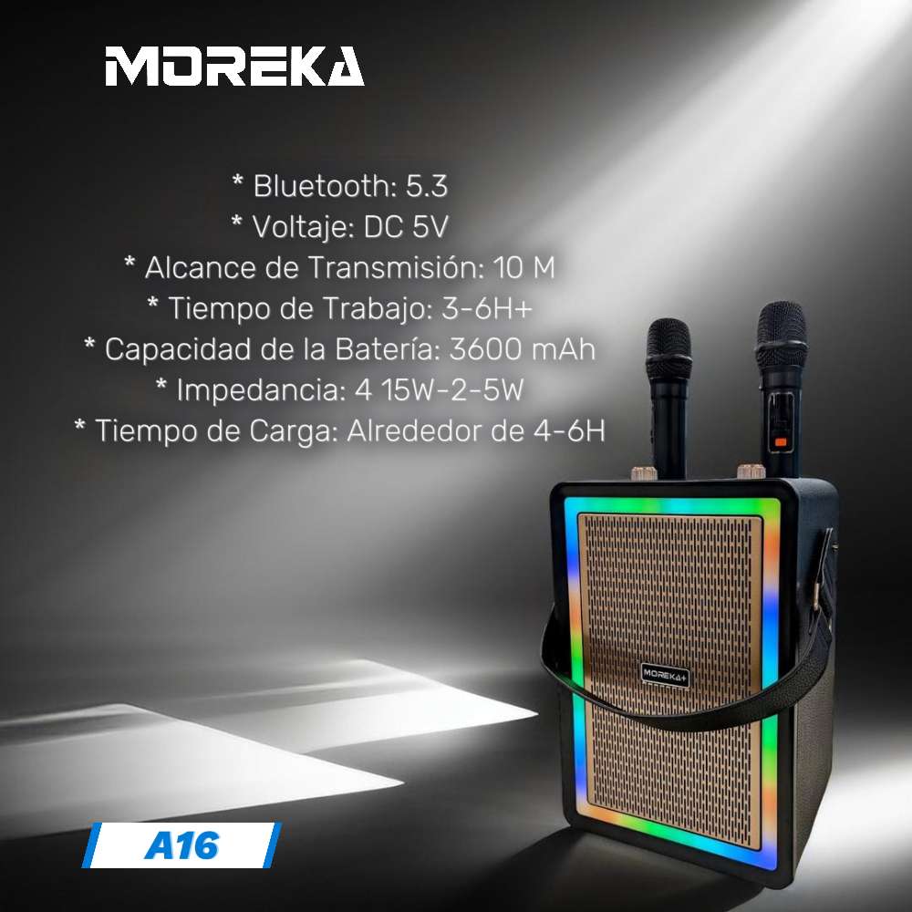 Bocina Karaoke Bluetooth FM dual microfonos RGB Moreka A16 - Imagen 4