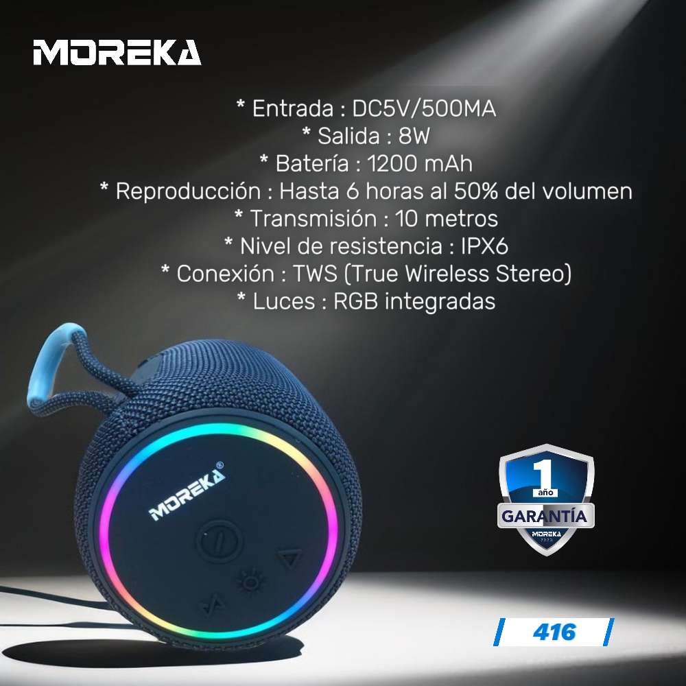 Bocina Moreka 416 8W 1200mAh Bluetooth, TF Card, Radio FM, USB Contra Agua IPX6 - Imagen 3