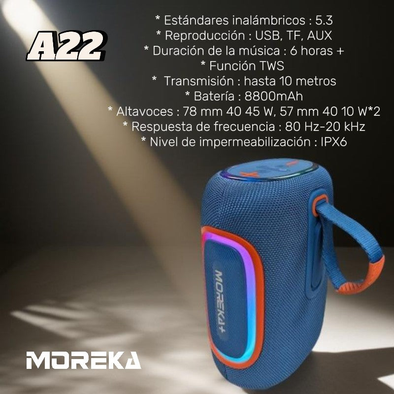 Bocina Moreka+ A22 65W 8800mAh Bluetooth, TF Card, Radio FM, USB Contra Agua IPX6 - Imagen 2