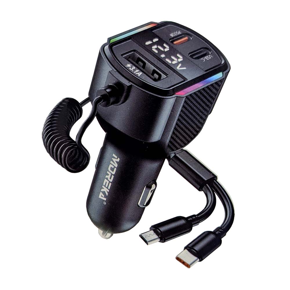 Cargador De Carro Moreka CP0071 Plug In 30W USB-C PD y USB QC3.0 con cables V8 y C - Imagen 1
