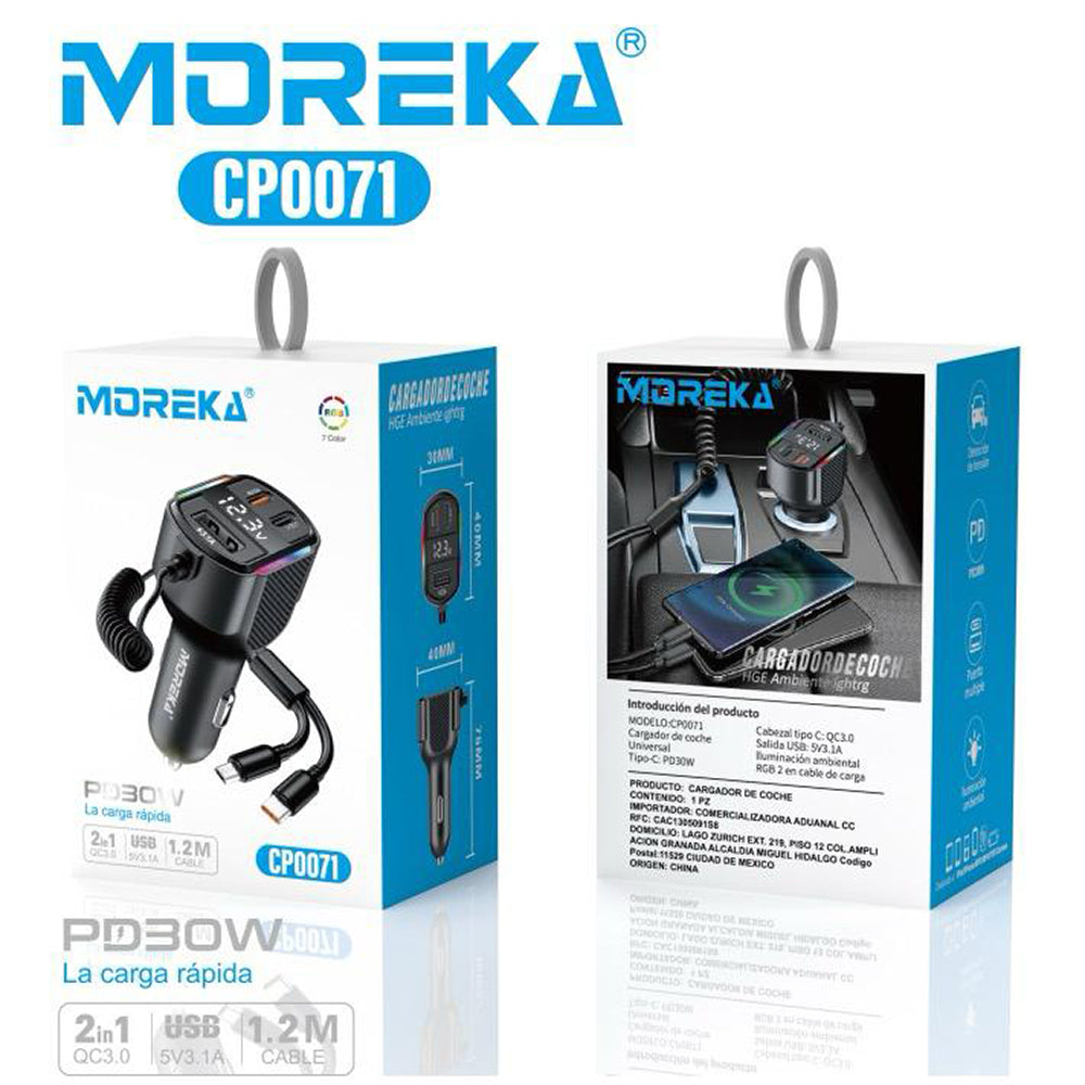 Cargador De Carro Moreka CP0071 Plug In 30W USB-C PD y USB QC3.0 con cables V8 y C - Imagen 12