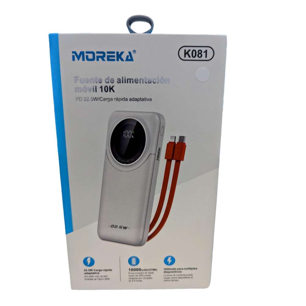 Power Bank Moreka K081 10000 mAh 22.5W cables IP y C - Imagen 8