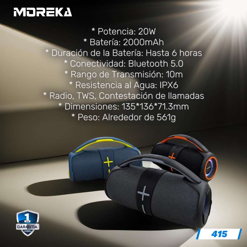 Bocina Moreka 415 20W 2400mAh Bluetooth, TF Card, Radio FM, USB Contra Agua IPX6 - Imagen 3
