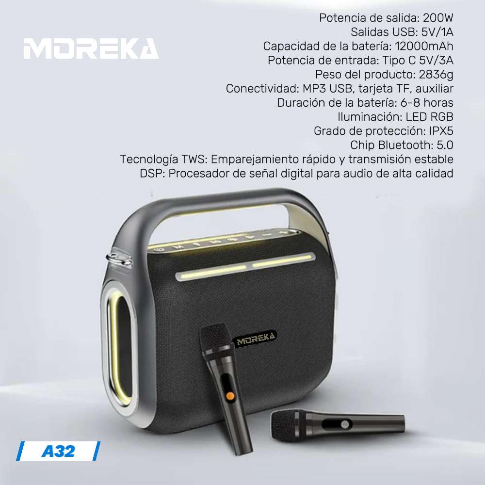 Bocina Moreka A32 200W 1200mAh 6-8 hrs de bateria Bluetooth, Contra Agua IPX5 - Imagen 3
