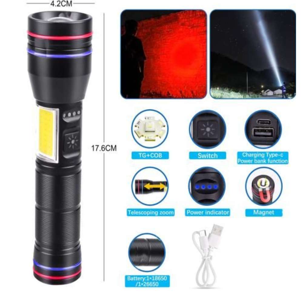 Linterna tactica metalica recargable con iman 7 modos diferentes de luz led Moreka MT-T016 - Imagen 3