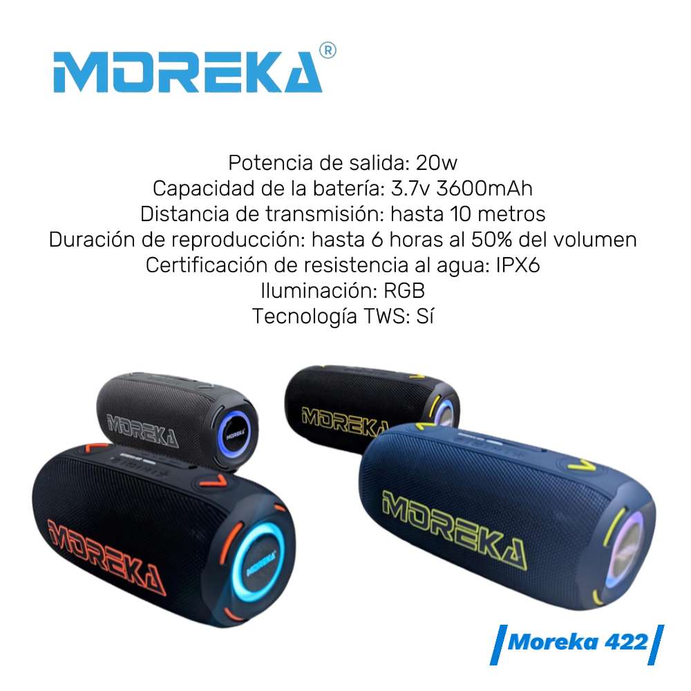 Bocina Moreka 422 20W 3600mAh 5-6 hrs de bateria Bluetooth, Contra Agua IPX6 - Imagen 6