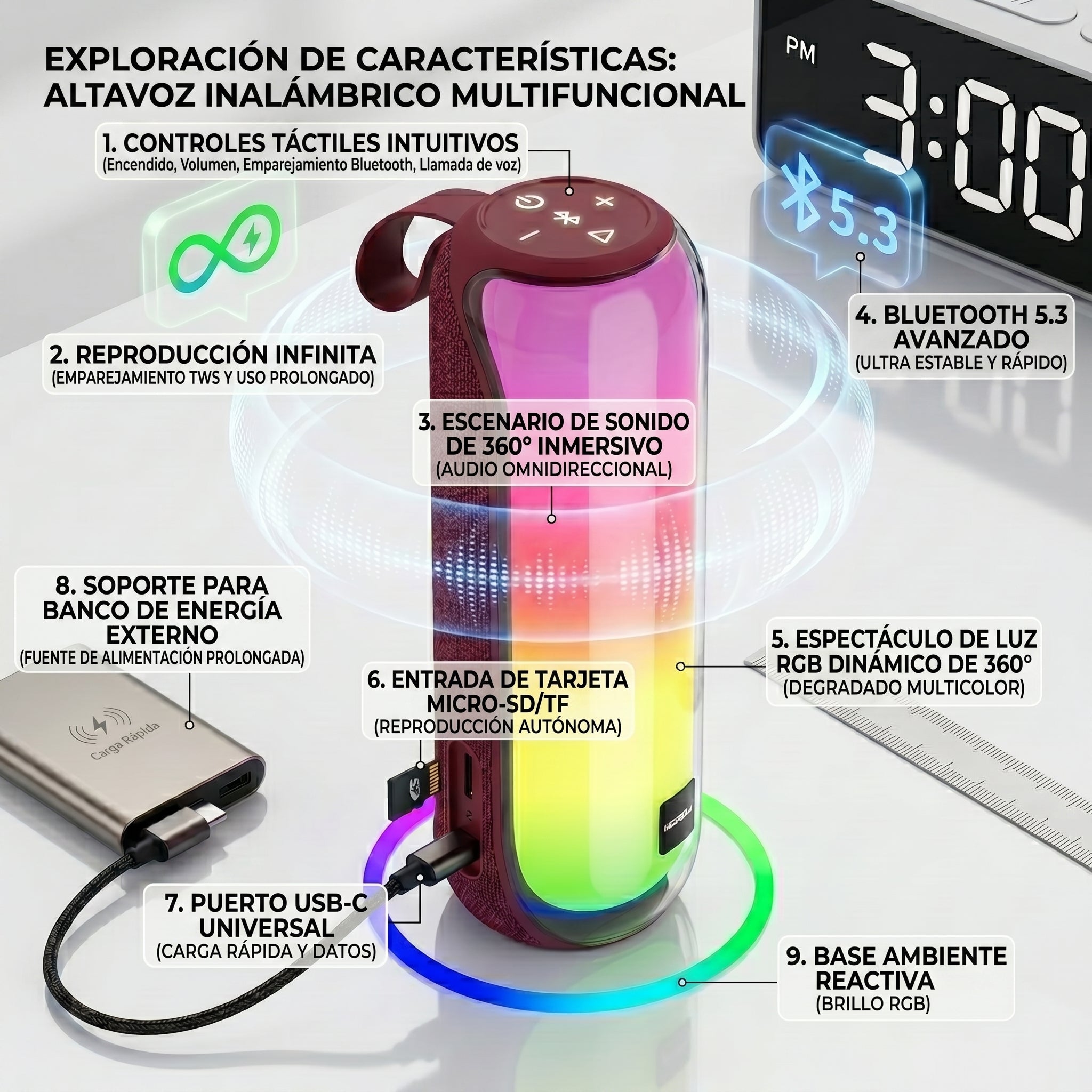 Bocina Moreka 408 14W (2 x 7W) 3000mAh Batería Bluetooth V5.3 IPX5 Resistente al Agua Luz RGB Micrófono Incorporado Radio FM - Imagen 2