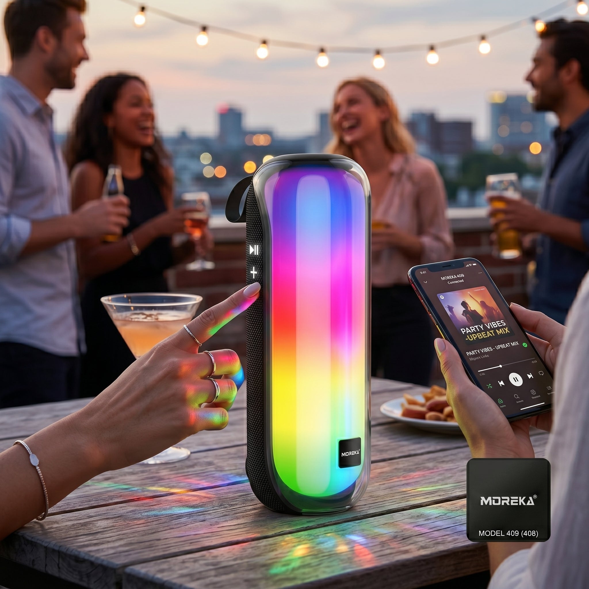 Bocina Moreka 408 14W (2 x 7W) 3000mAh Batería Bluetooth V5.3 IPX5 Resistente al Agua Luz RGB Micrófono Incorporado Radio FM - Imagen 6