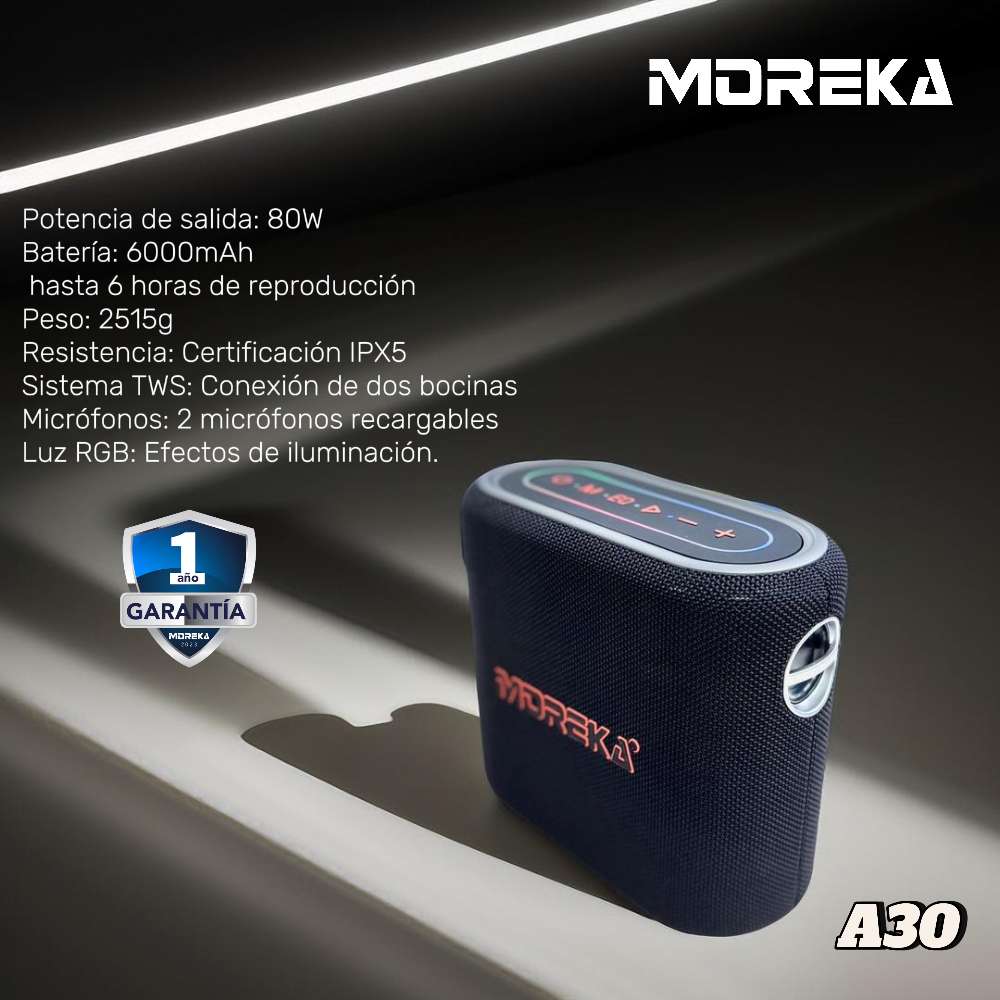 Bocina Moreka A30 80W 6000mAh 6 hrs de bateria Bluetooth, Contra Agua IPX5 - Imagen 3