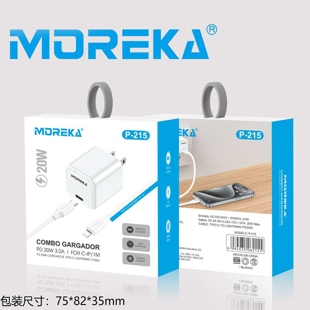 Cargador tipo C 20W 5V- 3A cable tipo IP carga rápida Moreka P-215 - Imagen 4