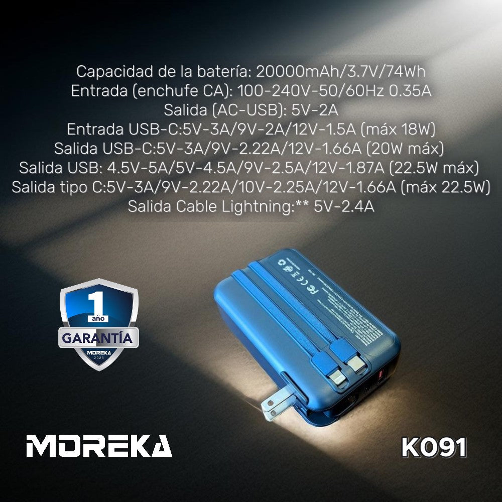 Power Bank Moreka K091 20000 mAh 22.5W cable tipo C y tipo IP clavija plegable - Imagen 3