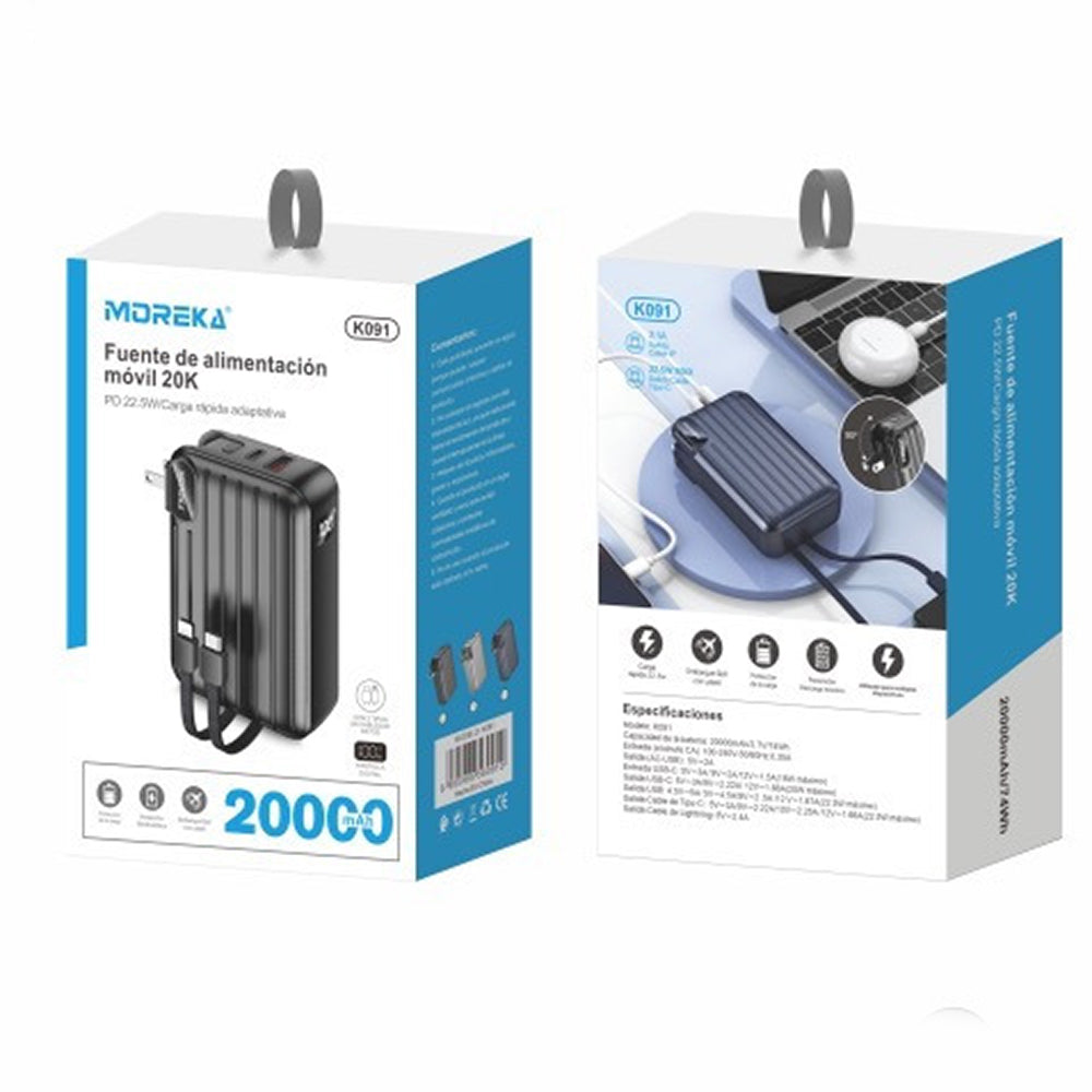 Power Bank Moreka K091 20000 mAh 22.5W cable tipo C y tipo IP clavija plegable - Imagen 10