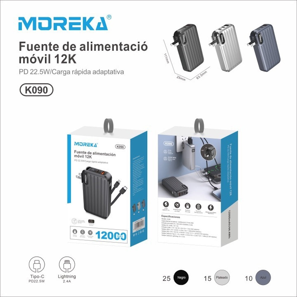 Power Bank Moreka K090 12000 mAh 22.5W cable IP y C clavija plegable - Imagen 11