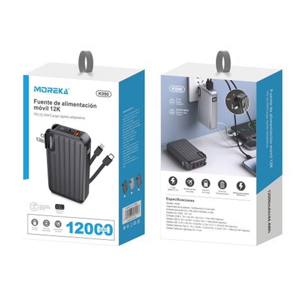 Power Bank Moreka K090 12000 mAh 22.5W cable IP y C clavija plegable - Imagen 12