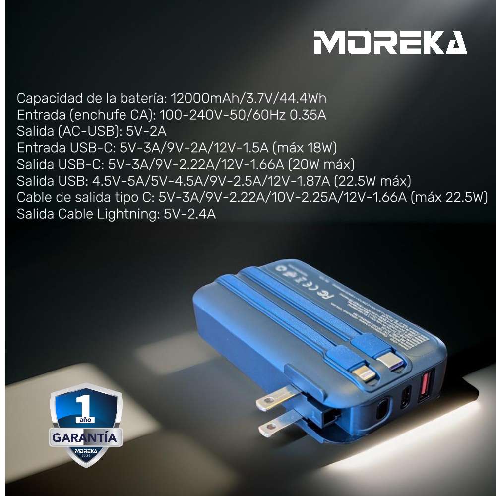 Power Bank Moreka K090 12000 mAh 22.5W cable IP y C clavija plegable - Imagen 6
