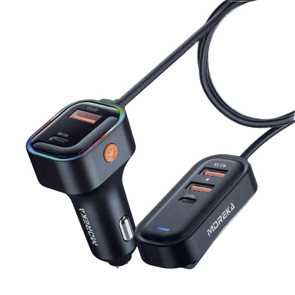 Cargador De Carro Plug In 30W USB-C PD y USB QC3.0 extensión de 1.5mts soporta 5 dispositivos Moreka CP0072 - Imagen 1