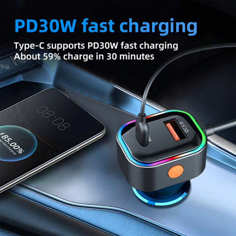 Cargador De Carro Plug In 30W USB-C PD y USB QC3.0 extensión de 1.5mts soporta 5 dispositivos Moreka CP0072 - Imagen 2