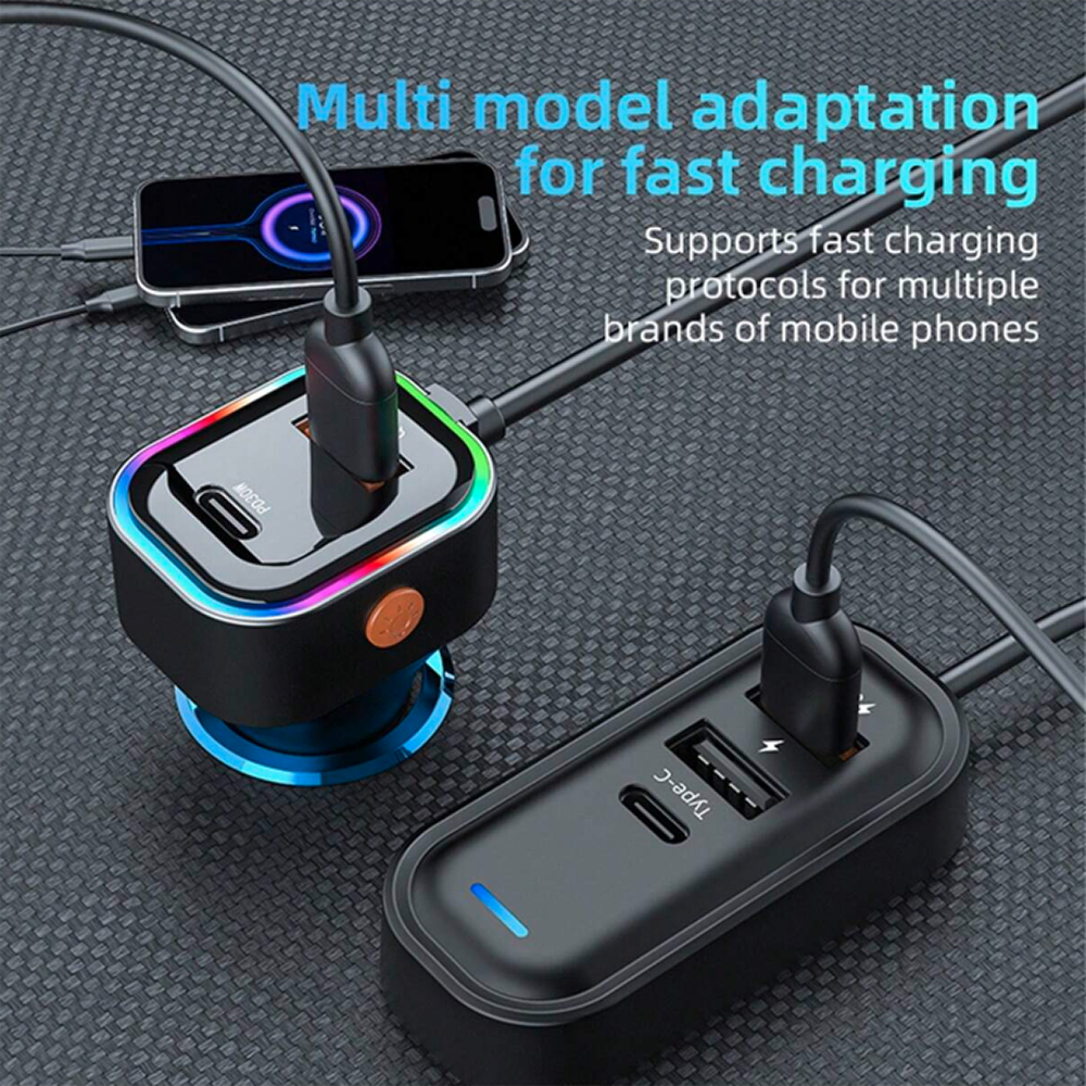 Cargador De Carro Plug In 30W USB-C PD y USB QC3.0 extensión de 1.5mts soporta 5 dispositivos Moreka CP0072 - Imagen 3