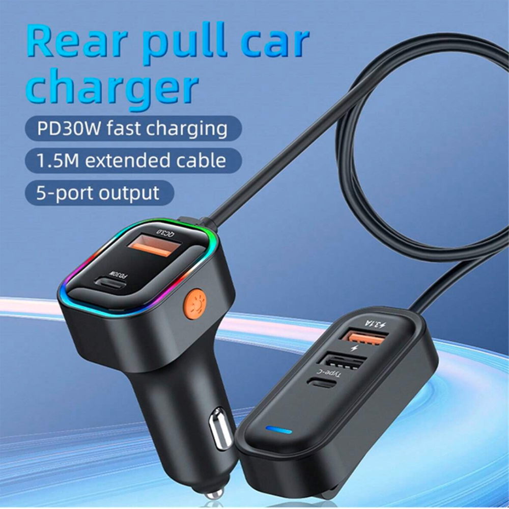 Cargador De Carro Plug In 30W USB-C PD y USB QC3.0 extensión de 1.5mts soporta 5 dispositivos Moreka CP0072 - Imagen 4