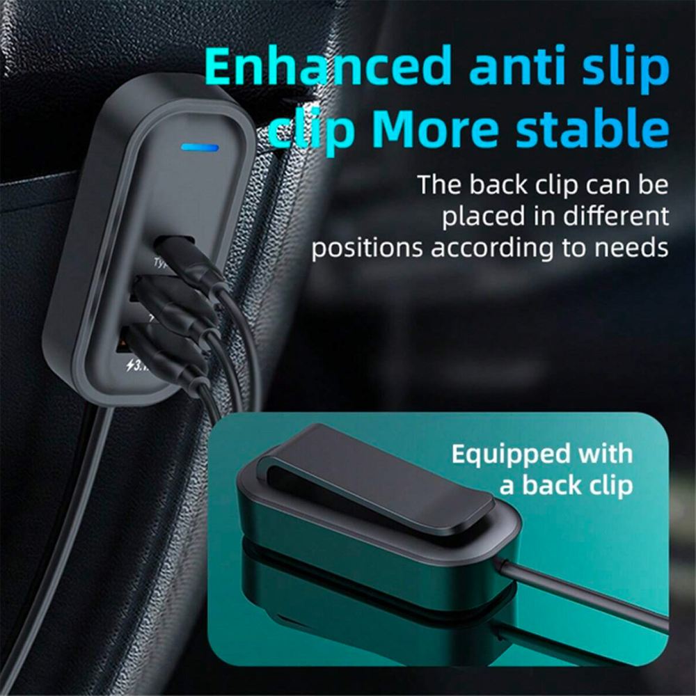 Cargador De Carro Plug In 30W USB-C PD y USB QC3.0 extensión de 1.5mts soporta 5 dispositivos Moreka CP0072 - Imagen 5