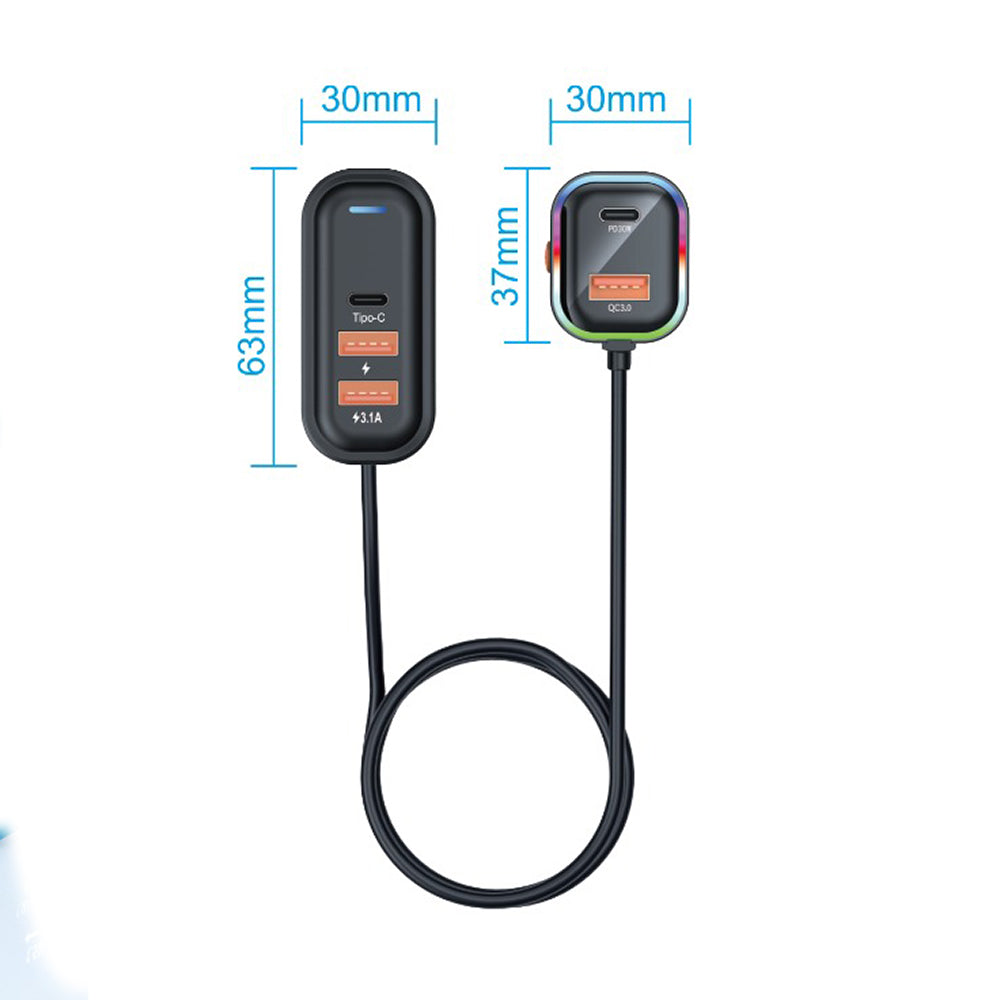 Cargador De Carro Plug In 30W USB-C PD y USB QC3.0 extensión de 1.5mts soporta 5 dispositivos Moreka CP0072 - Imagen 7