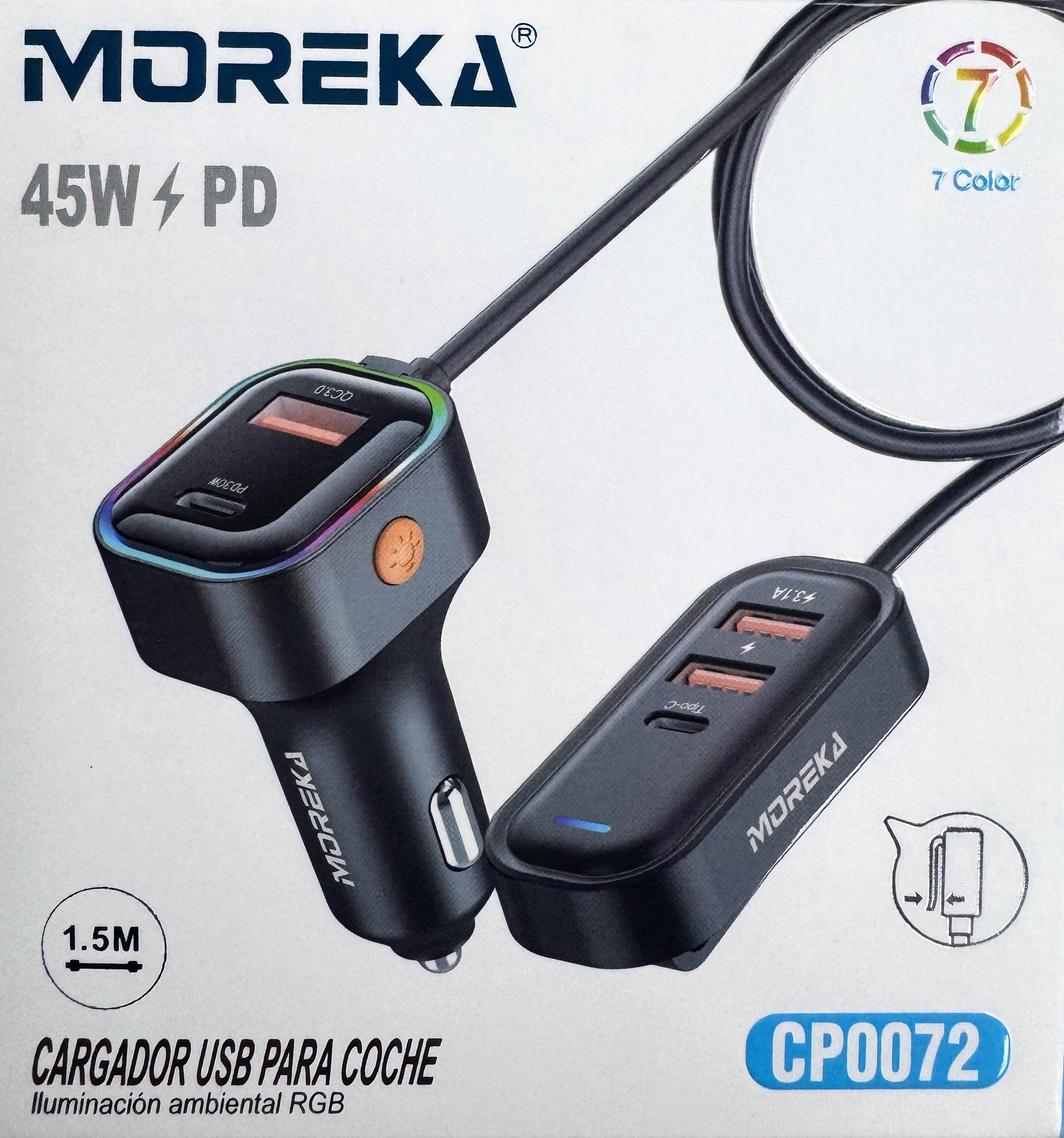 Cargador De Carro Plug In 30W USB-C PD y USB QC3.0 extensión de 1.5mts soporta 5 dispositivos Moreka CP0072 - Imagen 8