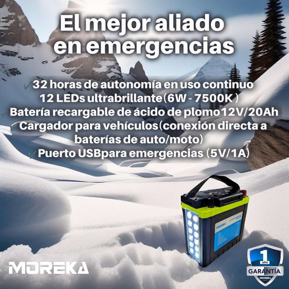 Luz de Emergencia 12 LEDS con batería de 20 Ah de hasta 32 hrs puertos USB MOR-1220 - Imagen 4