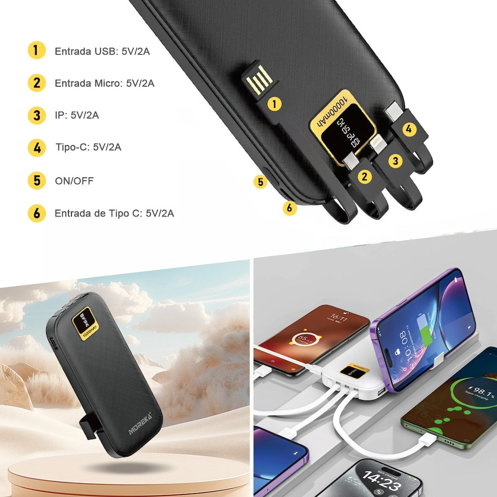 Power Bank Moreka K050A 10000 mAh 37Wh cables C USB AM Lightning yMicro USB - Imagen 3